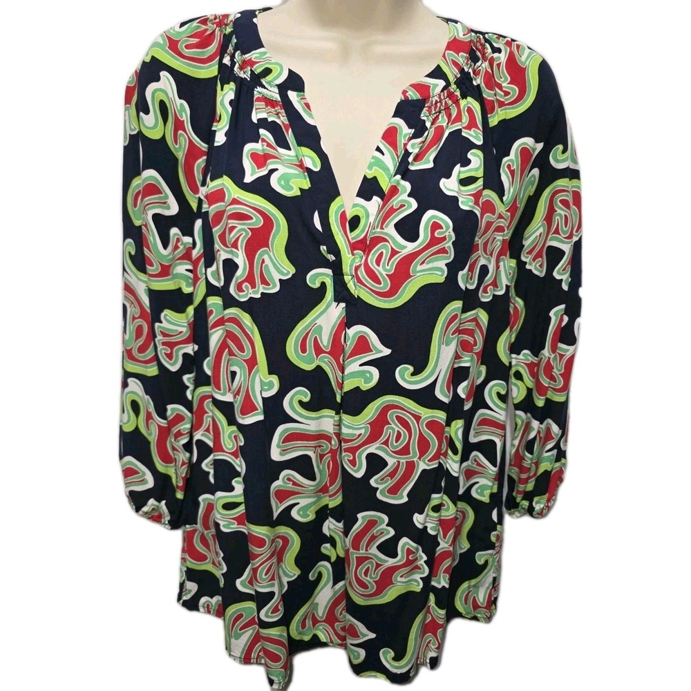CROWN & IVY Women's Sz S Elephant Print Blouse 3/4 Sleeve Shirt Preppy Bohemian